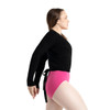 Woman wearing Capezio ballet knit wrap sweater top in black, side view