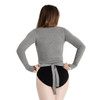 Woman wearing Capezio ballet knit wrap sweater top in grey, back view
