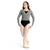 Woman wearing Capezio ballet knit wrap sweater top in grey, full length view