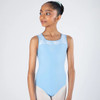 Energetiks Abby Lace Back Paneling Leotard in Baby Blue front on dancer