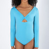 Energetiks Avery Long-Sleeve Dance Leotard Children's Sizes in Sky Blue, dancer front close-up view