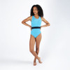 Energetiks Skyler Cross-Back Dance Leotard Children's Sizes in Sky Blue, dancer front view