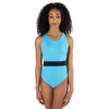 Energetiks Skyler Cross-Back Dance Leotard Children's Sizes in Sky Blue, dancer front view