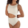 Energetiks Celeste High Neck Dance Leotard Adult Sizes in Ivory Sand, dancer front view