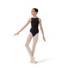 Studio 7 Sidney Leotard for women in black with high neckline, sheer mesh panels, and flattering v-back, front view