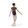 Studio 7 Dancewear Leah Leotard for girls in black with a high neckline, lace detailing on shoulders, and an open lower-back cut-out, back view
