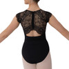 Studio 7 Dancewear Leah Leotard for girls in black with a high neckline, lace detailing on shoulders, and an open lower-back cut-out, back view
