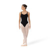 Studio 7 Dancewear Esther ballet leotard for girls in black with gathered neckline and wide straps in stretch fabric, dancer front view