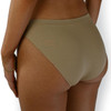 Light tan seamless dance briefs side angle view showing seamless fit and high cut leg line for dancers.