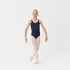 Studio 7 Dancewear wide strap dance leotard in navy, children’s size, front view of the dancer