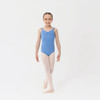 Studio 7 Dancewear wide strap dance leotard in cornflower blue, children’s size, front view of the dancer