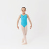 Studio 7 Dancewear wide strap dance leotard in turquoise, children’s size, front view of the dancer