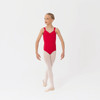 Studio 7 Dancewear wide strap dance leotard in red, shown on dancer front view with supportive fit and classic ballet design