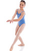A young girl modeling the classic Princess Lined Leotard CL09, featuring a flattering vertical seam design for a professional studio look.