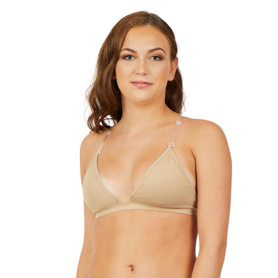 Capezio Beige Women's Deep Neck Clear Back Bra, Small