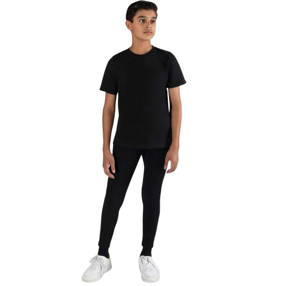 Boy wearing Energetiks Avery drawcord waist track pants in Black, front view