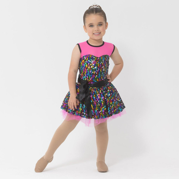 Girl wearing Studio 7 Dancewear Party Princess dance dress in hot pink, front view