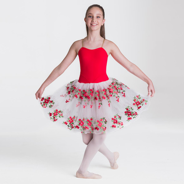 Woman wearing Studio 7 Dancewear Floral Romance tutu dress in Red, back view