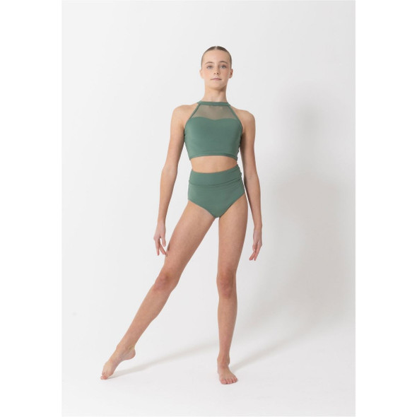 Studio 7 Dancewear Performance Mesh Girls Crop Top in forest green, front view