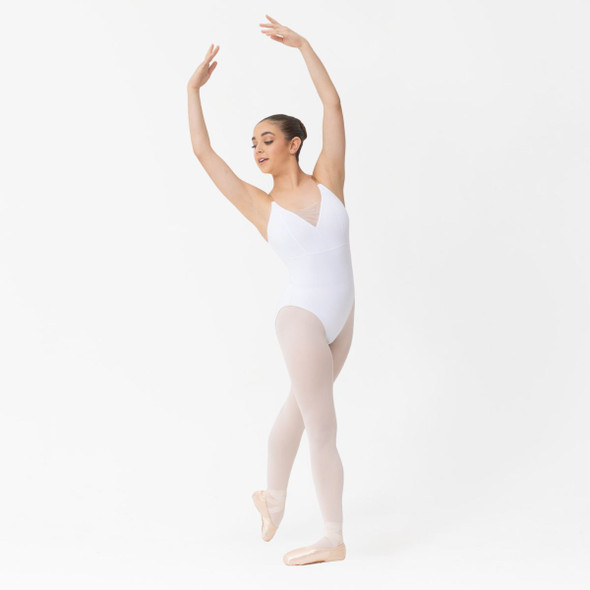 Studio 7 Adele Ballet Leotard for Children in White – Front View Wearing Dance Leotard