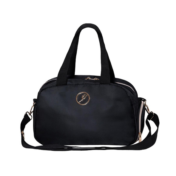 Front view of the black Nova Dance Bag featuring a sleek, compact design with rose gold trim accents.