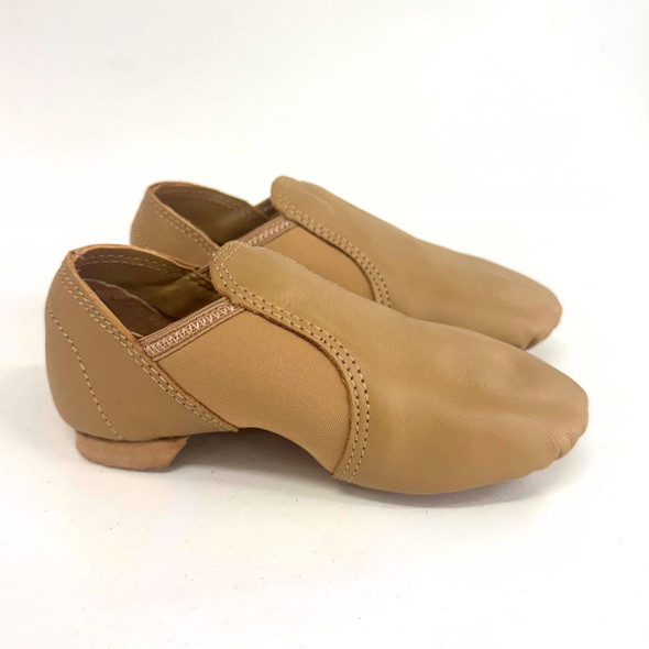 Dance Direct toddler tan leather jazz shoes, professional pull-on style for tiny dancers and toddlers.