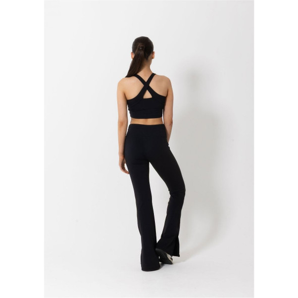 Girl wearing Studio 7 Dancewear Priscilla Flared Girls Dance Pant in Black, back view