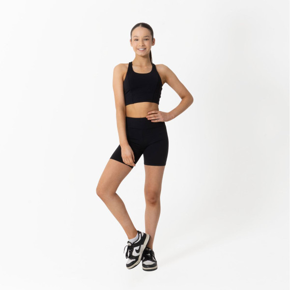 Studio 7 Dancewear Savannah Mid-Thigh Dance Shorts for children – front view, high-rise waistband, and soft stretch fabric in black