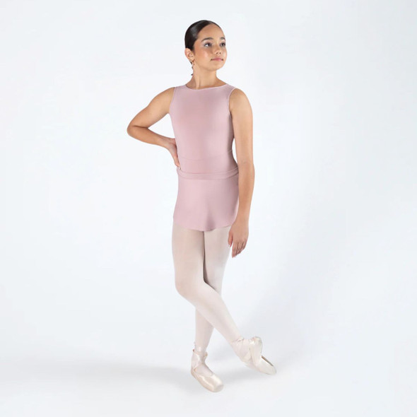 Energetiks Natalia Pull On Style Dance Skirt Children's Sizes in Pink Champagne, Dancer Front View