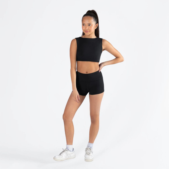 Energetiks Portman Square Back Dance Crop Top Children's Sizes in Black, dancer front