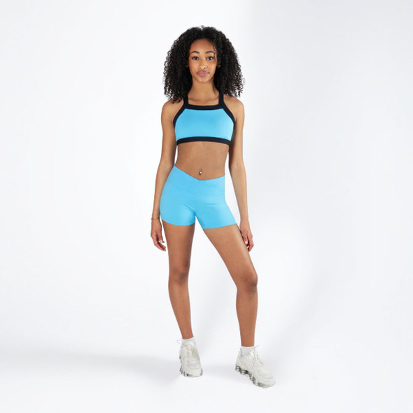 Energetiks Halley Cross V-Front Dance Shorts Children's Sizes in Sky Blue, dancer front view