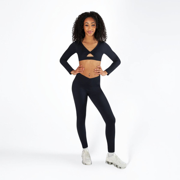 Energetiks Halley Cross V-Front Leggings Children's Sizes in Black, dancer's front view