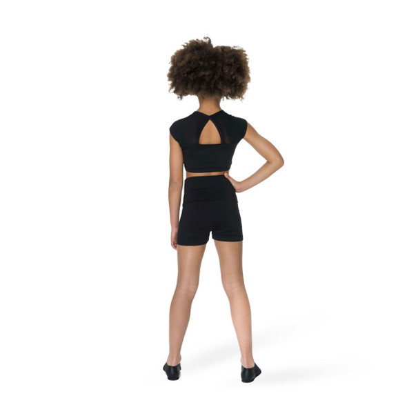 Studio 7 Dancewear Activate high-waisted black dance shorts, back view of a young dancer