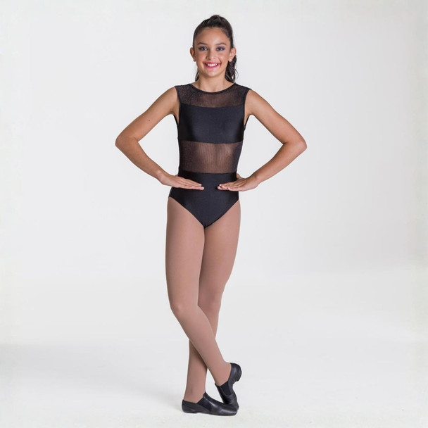 Studio 7 Dancewear Roxanne Leotard Mesh Panels in black for children, front view