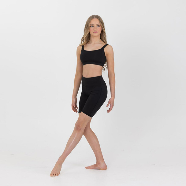 Studio 7 Dancewear Performance Bike Shorts for adults, made from supportive polyester-spandex fabric, in black