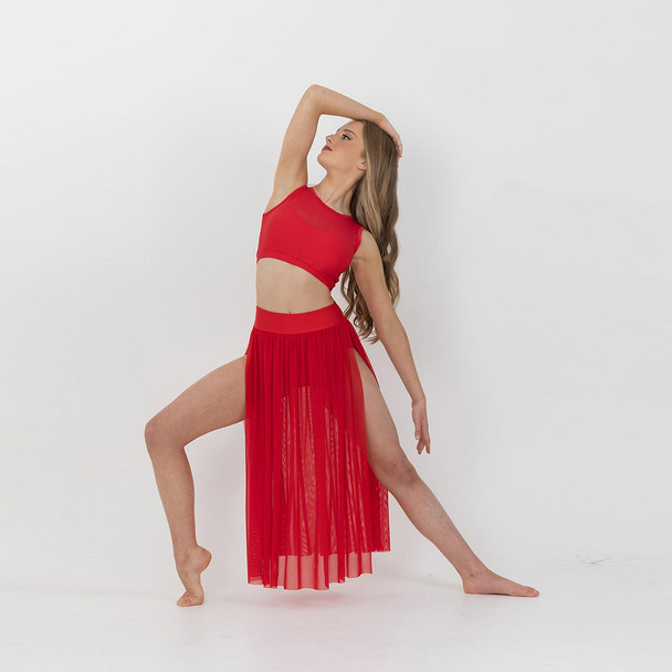  Girl in Red Studio 7 Dancewear Vision full length split leg mesh skirt, front view