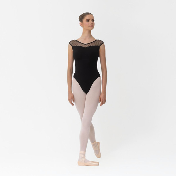 Studio 7 Dancewear Jessie Mesh Ballet Leotard for women in black with delicate mesh detailing – front view