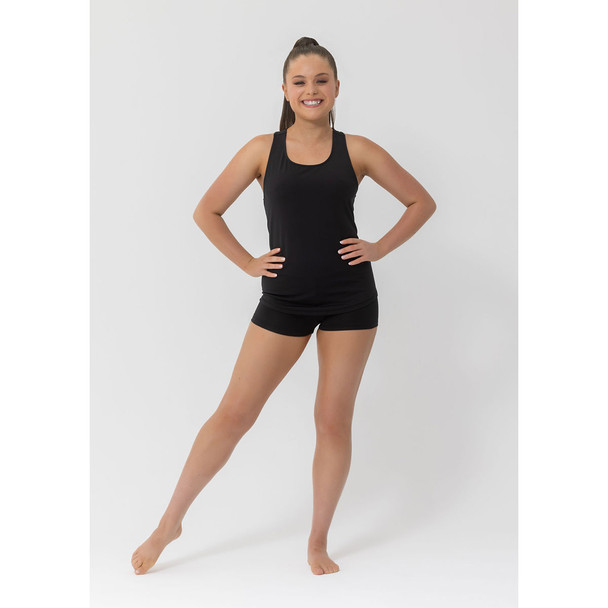 Girl wearing Studio 7 Dancewear performance T-back dance singlet in black, front view
