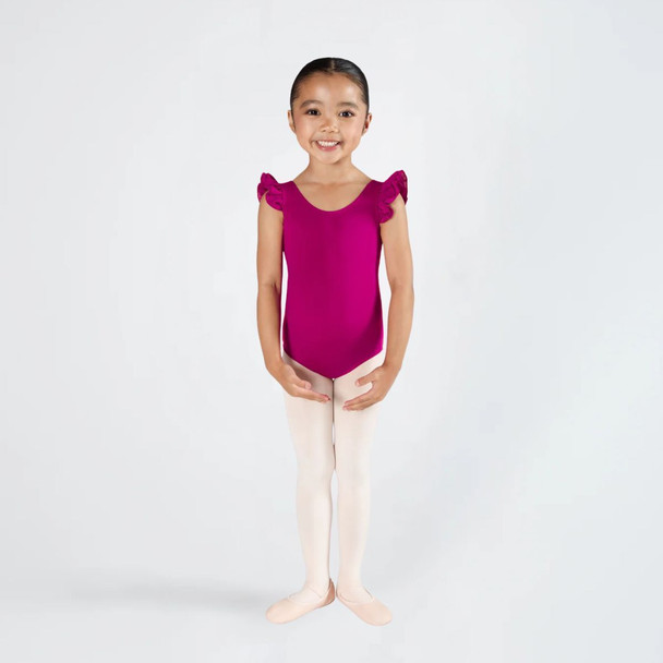 Energetiks Emery Frill Sleeve Dance Leotard in Mulberry dancer front view