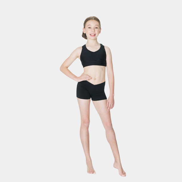 Studio 7 Dancewear children’s black V-front cotton dance shorts with stretch fit for jazz and tap classes in black, dancer front view