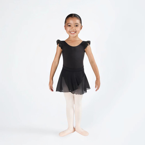 Energetiks Ruby Pull-On Mock Wrap Dance Skirt Children's Sizes in Black, dancer front view