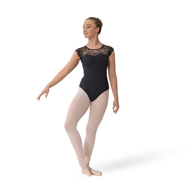 Studio 7 Dancewear Leah Leotard for women with high lace neckline and open lower-back cut-out in black, front view