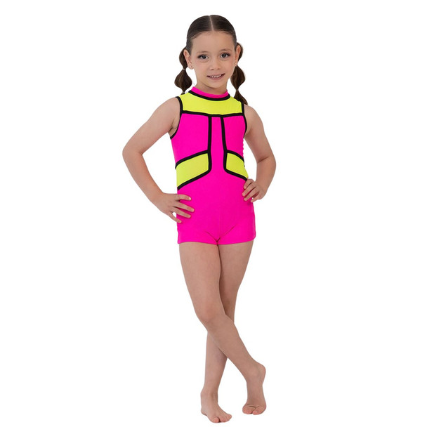 Girl wearing the Studio 7 Dancewear Ziggy Biketard in Pink Candy