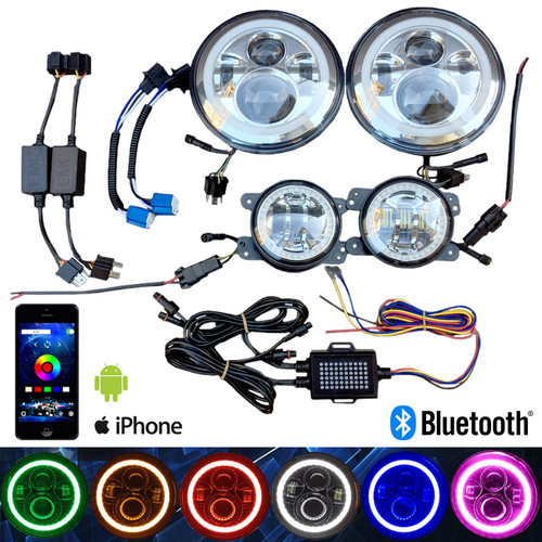 Bluetooth RGBW Multicolor 7" & 4" LED headlight and LED fog light for Jeep Wrangler