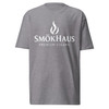 SmōkHaus premium heavyweight tee - close-up of white logo detail