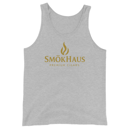 Men's Tank Top with Gold SmōkHaus Logo - close-up of gold foil branding