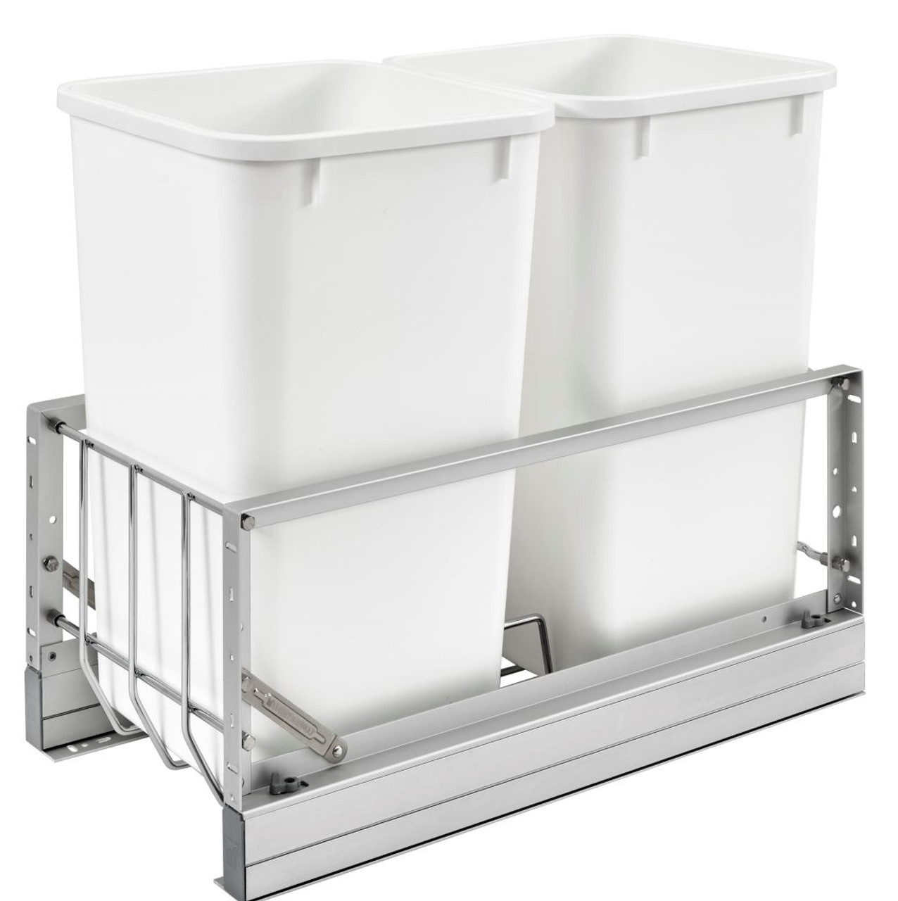 Rev-a-shelf Double 50 Qt. Pull-Out Brushed Aluminum and White Waste  Container 5349-2150DM-2