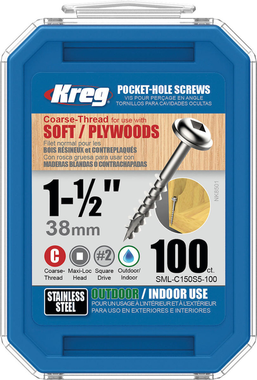 KREG Kreg Stainless Screw Coarse Thread Maxi-Loc Head 1-1/4" - 1-1/2" - 2-1/2" x #8  Box SML-C-SS Series 