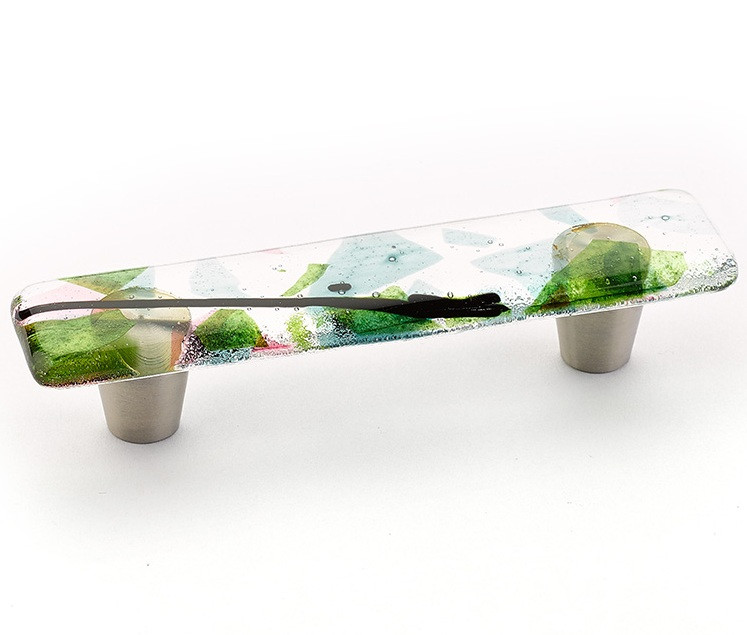 Schaub Ice Glass Rectangular Pull 4-1/2" Overall Length with Brushed Stainless Steel Posts, 3" Center to Center