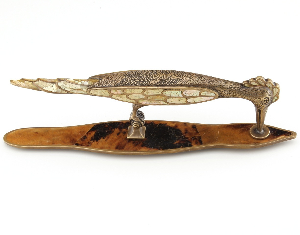 Symphony, Art Designs, Woodpecker Pull, Solid Brass, 3-5/8"Center to Center, Mother of Pearl/Tiger Penshell Inlay with a  Dark Sherwood finish